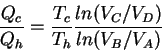 \begin{displaymath}
\frac{Q_c}{Q_h}=\frac{T_c}{T_h}\frac{ln(V_C/V_D)}{ln(V_B/V_A)}
\end{displaymath}
