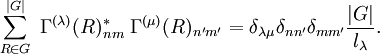    \sum_{R\in G}^{|G|} \; \Gamma^{(\lambda)} (R)_{nm}^*\;\Gamma^{(\mu)} (R)_{n'm'} = 
\delta_{\lambda\mu} \delta_{nn'}\delta_{mm'} \frac{|G|}{l_\lambda}.